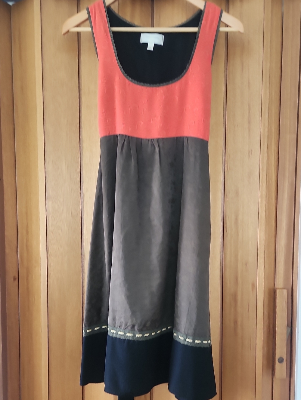 Anthropologie Silk Sleeveless Colorblock Midi Dress in Coral, Dark Green and Bla